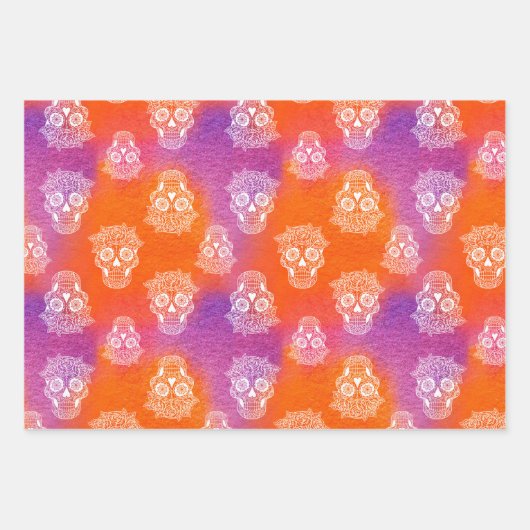 砂糖スカルオレンジパープルダイ染料の水色 ラッピングペーパーシート (正面)