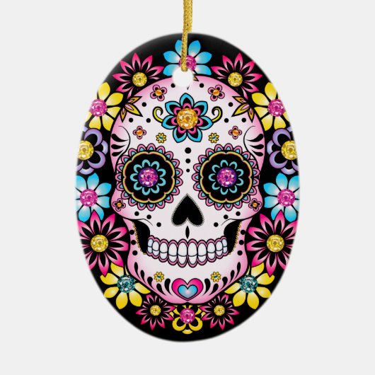 砂糖スカルカラフル花 セラミックオーナメント (正面)