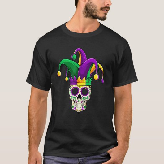 砂糖スカルジェスターコスチュームMardi Gras、成人男性 Tシャツ (正面)