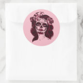 砂糖スカルステッカー女の子ピンク – 死の日 ラウンドシール (バッグ)