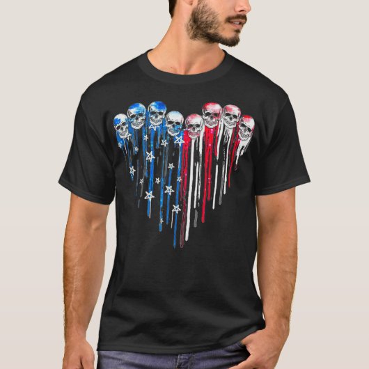 砂糖スカルハート米国国旗7月パトリオ4日 Tシャツ (正面)