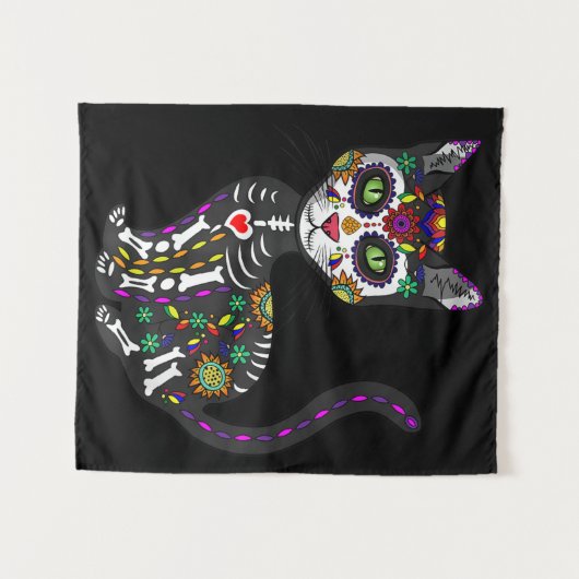 砂糖スカルメキシコ猫ハロウィーンの死の日 タペストリー (正面(横))