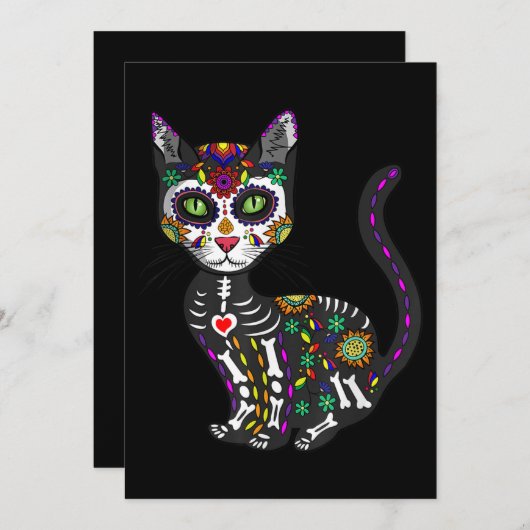 砂糖スカルメキシコ猫ハロウィーンの死の日 招待状 (正面/裏面)