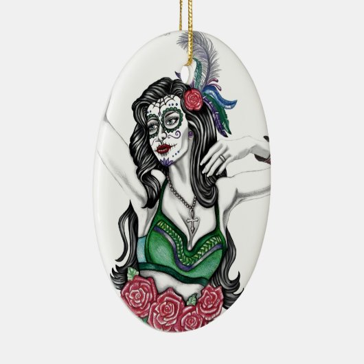 砂糖スカル女性とバラ セラミックオーナメント (右)