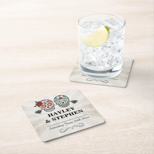 砂糖スカル素朴コースタープレイスウェディングパーティー スクエアペーパーコースター (インサイチュ)