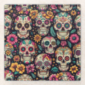 砂糖スカル花 ガラスコースター (正面)