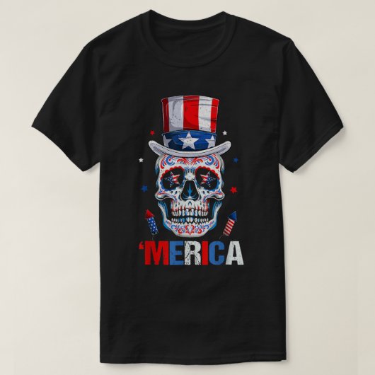 砂糖スカル7月4日愛国的なアメリカのインディペン Tシャツ (デザイン正面)
