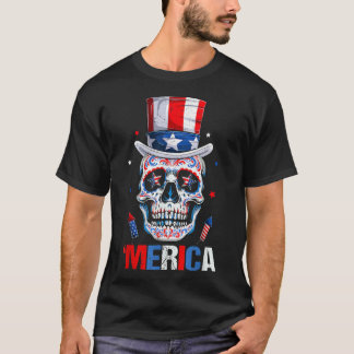 砂糖スカル7月4日愛国的なアメリカのインディペン Tシャツ