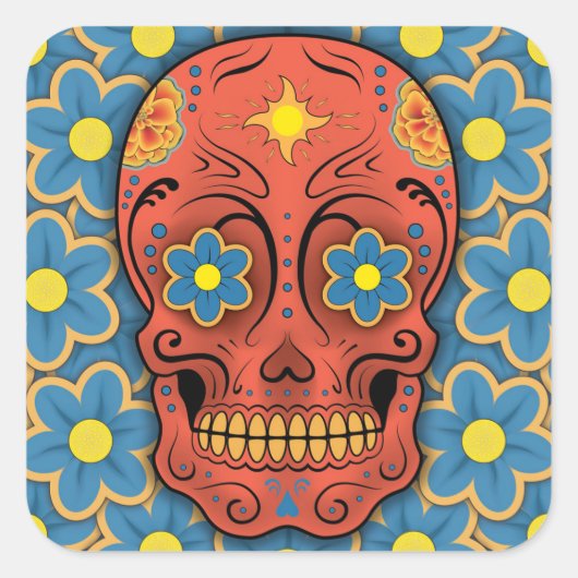 砂糖スカル – 死んだ日(青いデイジー) スクエアシール (正面)