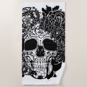 砂糖スカル（白黒の花） ビーチタオル (正面)