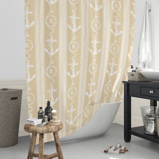 砂航海の白いかりロープモノグラム シャワーカーテン