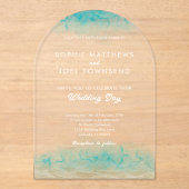 砂&シーモダンティール(緑がかった色)ホワイトビーチテーマ結婚ズ アクリル招待状 (正面)