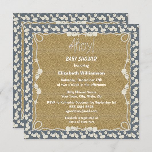 砂、ロ航海のープ、海の貝青いベビーシャワー 招待状 (正面/裏面)