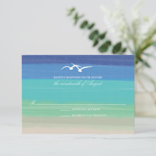 砂、海、シーグル |色彩の鮮やか海結婚式RSVP 出欠カード (スタンド正面)