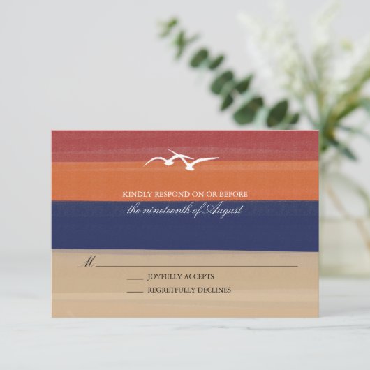砂、海、シーグル |色彩の鮮やか海結婚式RSVP 出欠カード (スタンド正面)