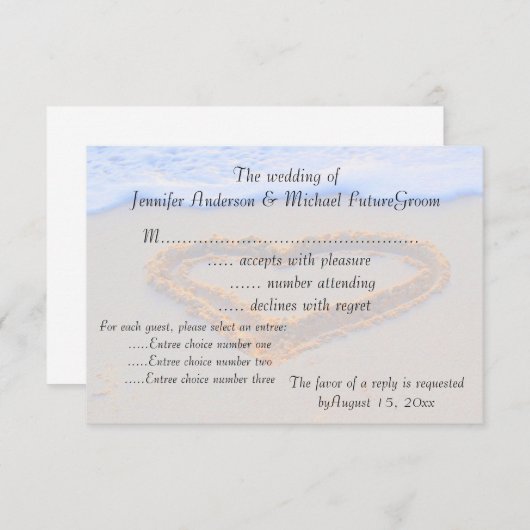 砂RSVPのビーチ結婚式のハート 出欠カード (正面/裏面)