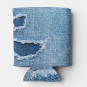 破れたデニム生地のテクスチャ、青い色合い。 缶クーラー (裏面)