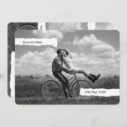 破れたモダン紙タイプライター文字写真  セーブザデート (正面/裏面)