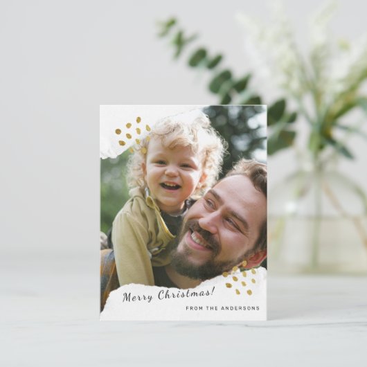 破れた紙のゴールドドット写真 ミニマルクリスマス シーズンカード (スタンド正面)