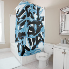 破壊される青と黒のスクラップまたはリボン シャワーカーテン
