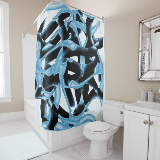 破壊される青と黒のスクラップまたはリボン シャワーカーテン (インサイチュ)