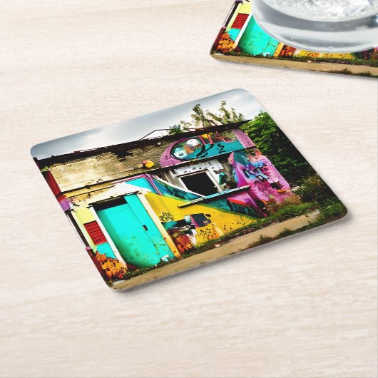 破壊美しいグラフィティカラフル放棄 スクエアペーパーコースター (アングル)