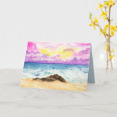 破波のある水色サンセットビーチ カード (黄色い花)