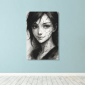 破砕スマイル – クラック入り磁器インクポートレート キャンバスプリント (インサイチュ (ウッドフロア))