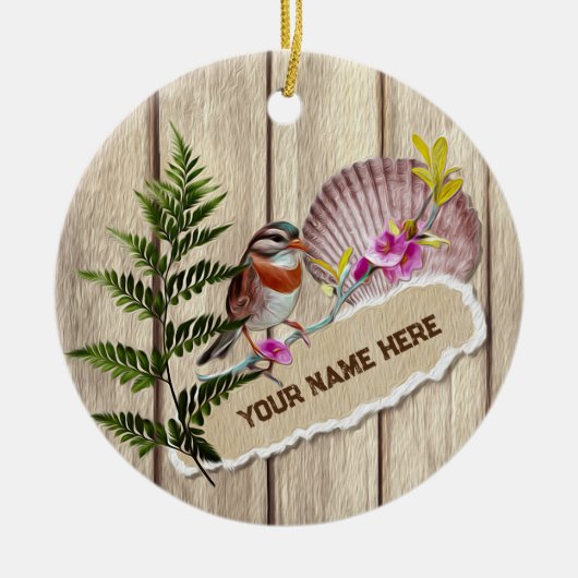 破素朴裂した紙木材油絵を描のパーソナライズ名 セラミックオーナメント (正面)