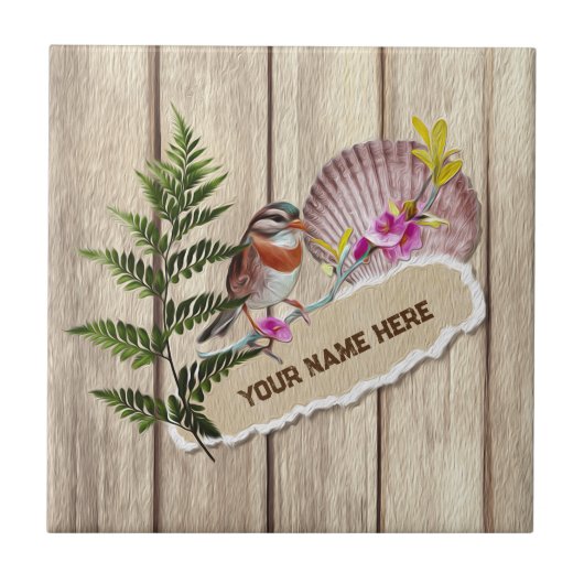 破素朴裂した紙木材油絵を描のパーソナライズ名 タイル (正面)