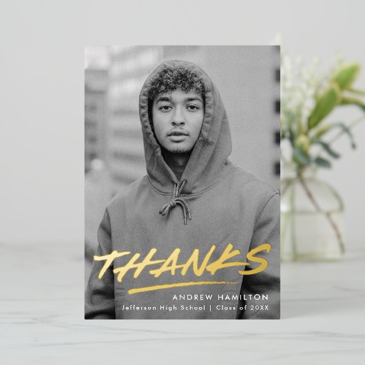 破線グラードフォイル写真卒業サンキューカード 箔招待状 (立ち正面)