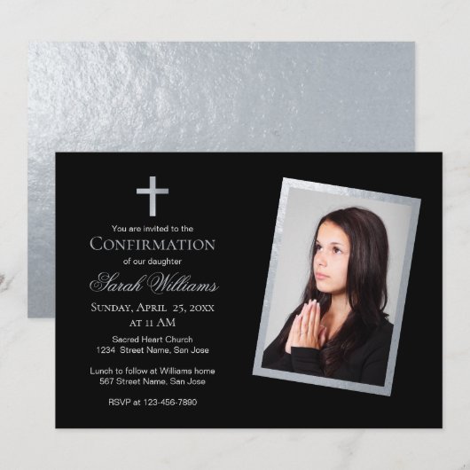 確認の偽銀色と黒の写真コールigraphy 招待状 (正面/裏面)