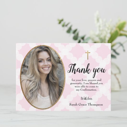 確認の女の10代の子の写真を感謝してい自分でカスタマイズ サンキューカード (スタンド正面)