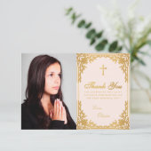 確認の少女 フォト ピンク ゴールド ヴィンテージ 十字架 サンキューカード (スタンド正面)