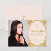 確認の少女 フォト ピンク ゴールド ヴィンテージ 十字架 サンキューカード (正面/裏面)