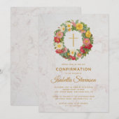 確認の薔薇の花輪 ゴールドクロス 花のマーブル 招待状 (正面/裏面)
