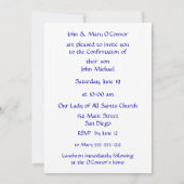 確認の青いダマスク織の銀の十字 招待状 (裏面)