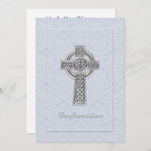 確認の青いダマスク織の銀の十字 招待状 (正面/裏面)