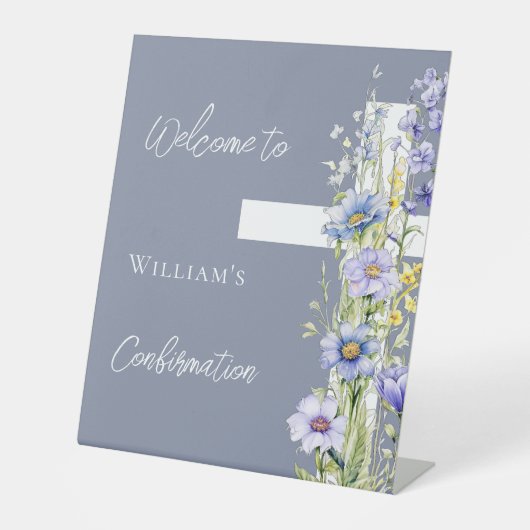 確認ほこりっぽい青いフローラクロス歓迎 台座サイン (正面)