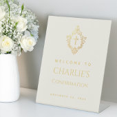 確認ようこそアイボリーフェイク金ゴールドクロス&クレスト 台座サイン