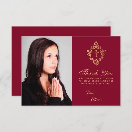 確認エレガントガールブルゴーニュフェイク金ゴールドの紋章 サンキューカード (正面/裏面)