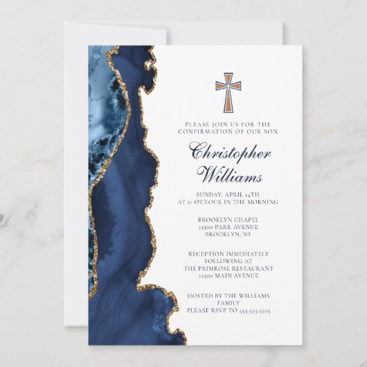 確認エレガントネイビーブルー金ゴールドゲート 招待状 (正面)