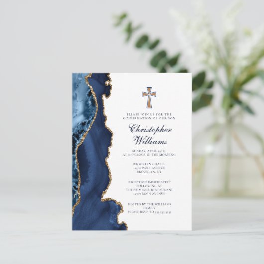 確認エレガントネイビーブルー金ゴールド招待状 ポストカード (スタンド正面)