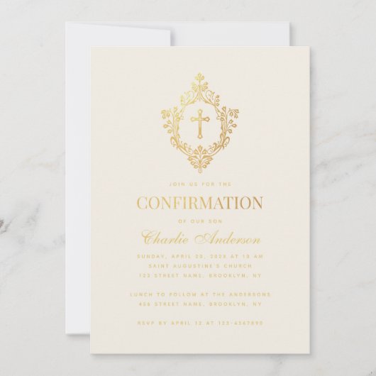 確認エレガント金ゴールドフェイククロス&クレストアイボリー 招待状 (正面)