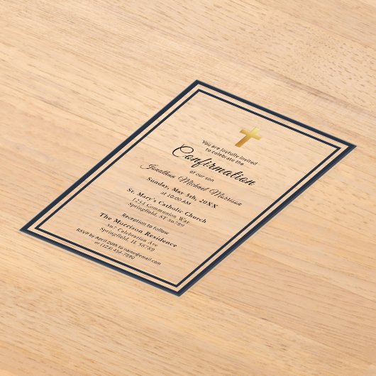 確認ネイビーブルーホワイトミニマリストボーイ アクリル招待状 (レイダウン)