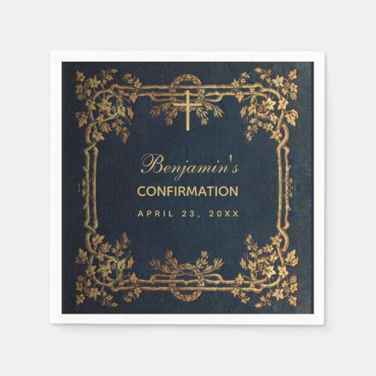 確認ネイビーブルー金ゴールドつる植物エレガントヴィンテージ スタンダードカクテルナプキン (正面)