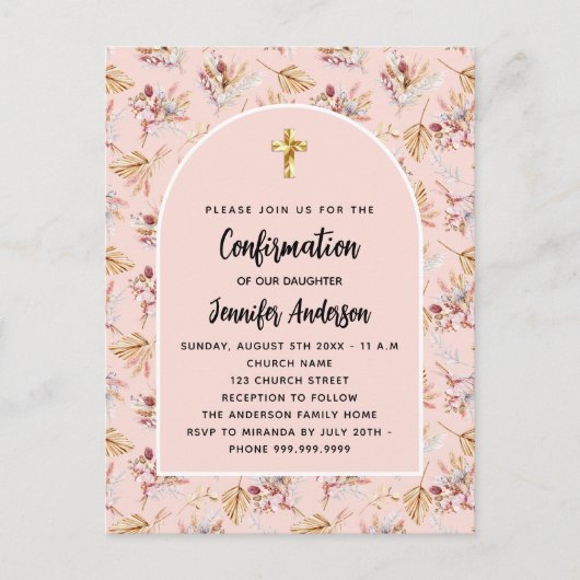 確認パンパスグラス花バラ金ゴールドboho インビテーションポストカード (正面)