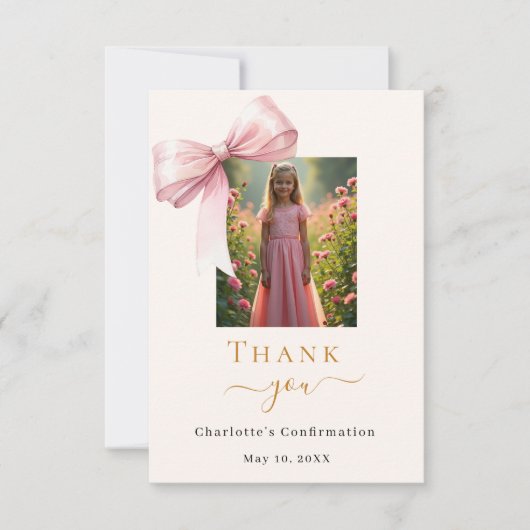 確認ピンクのボウフォトクリーム サンキューカード (正面)