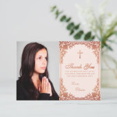 確認ピンクローズ金ゴールドガールフォトエレガント サンキューカード (スタンド正面)