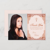 確認ピンクローズ金ゴールドガールフォトエレガント サンキューカード (正面/裏面)